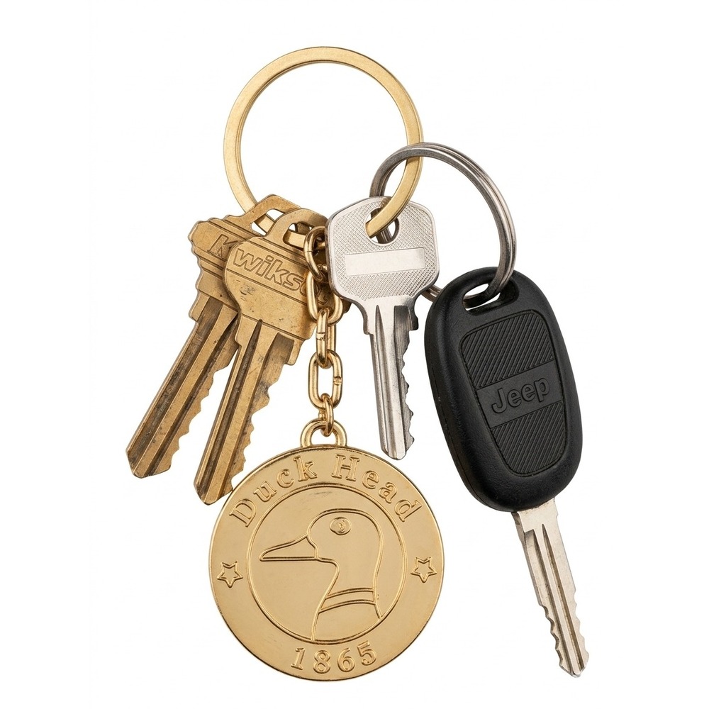 Duck Head 1865 Gold Tone‎ Medallion Keychain Mallard Logo Vtg Key Fob Retro